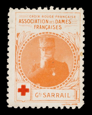 [Stamp-like sticker sold to raise funds for the French Red Cross. Bearing a portrait of: Gal. Sarrail].