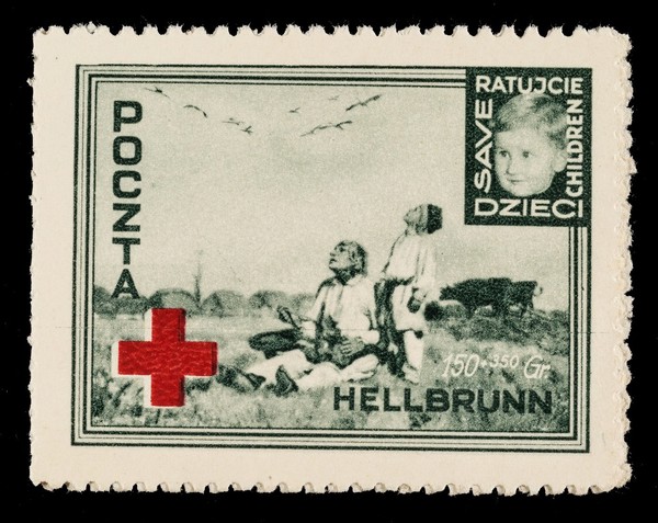 [2 fund raising stamps / stickers? issued by the Polish post office in 1946 to raise funds to "save children". The Hellbrun refugee (DP) camp is named].