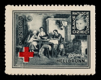 [2 fund raising stamps / stickers? issued by the Polish post office in 1946 to raise funds to "save children". The Hellbrun refugee (DP) camp is named].