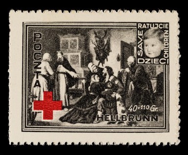 [2 fund raising stamps / stickers? issued by the Polish post office in 1946 to raise funds to "save children". The Hellbrun refugee (DP) camp is named].