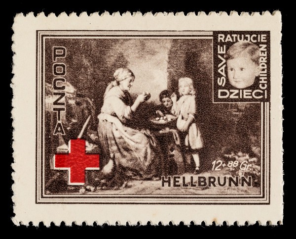 [2 fund raising stamps / stickers? issued by the Polish post office in 1946 to raise funds to "save children". The Hellbrun refugee (DP) camp is named].