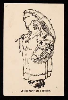 [Humorous postcard of a Red Cross nurse bringing a basket of wine etc].