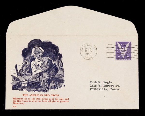 [Pictorial envelope showing a Red Cross nurse tending to a wounded soldier on a WW2 battlefield].
