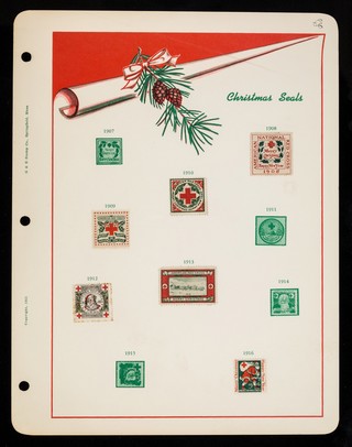 [Collector's sheet for mounting American Red Cross fund-raising Christmas seals / stickers from 1907-1916. Includes 6 stuck into place].