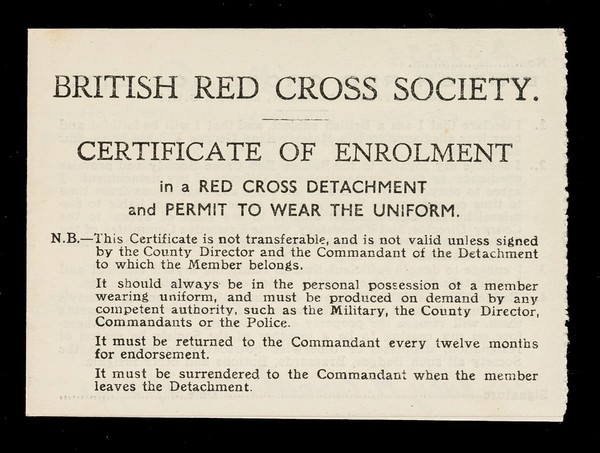 [Membership card (Certificate of enrolment) for the British Red Cross Society. Used in December 1942].