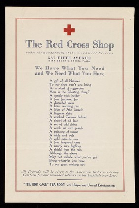 [Leaflet advertising the American Red Cross shop at 587 Fifth Avenue].