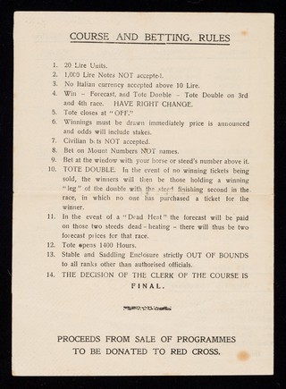 [1945 racing programme, sold to raise funds for the Red Cross. The races were probably arranged by the British military in post-war occupied Italy].