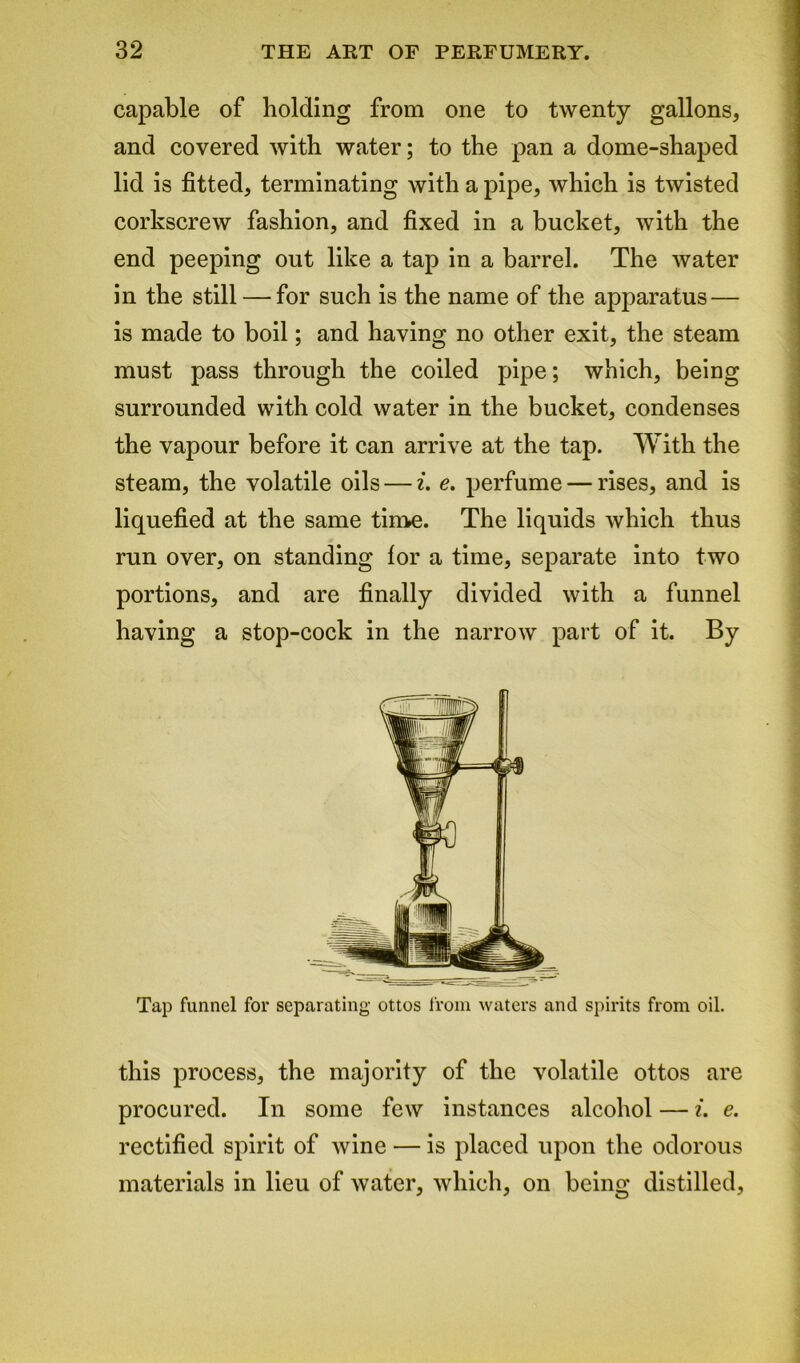 capable of holding from one to twenty gallons, and covered with water; to the pan a dome-shaped lid is fitted, terminating with a pipe, which is twisted corkscrew fashion, and fixed in a bucket, with the end peeping out like a tap in a barrel. The water in the still — for such is the name of the apparatus — is made to boil; and having no other exit, the steam must pass through the coiled pipe; which, being surrounded with cold water in the bucket, condenses the vapour before it can arrive at the tap. With the steam, the volatile oils — i. e. perfume — rises, and is liquefied at the same time. The liquids which thus run over, on standing lor a time, separate into two portions, and are finally divided with a funnel having a stop-cock in the narrow part of it. By Tap funnel for separating ottos from waters and spirits from oil. this process, the majority of the volatile ottos are procured. In some few instances alcohol — i. e. rectified spirit of wine — is placed upon the odorous materials in lieu of water, which, on being distilled,