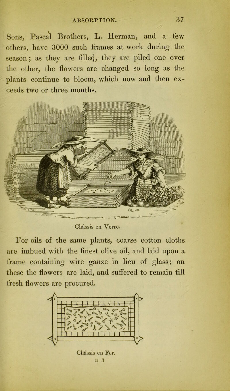 Sons, Pascal Brothers, L. Herman, and a few others, have 3000 such frames at work during the season; as they are fillec], they are piled one over the other, the flowers are changed so long as the plants continue to bloom, which now and then ex- ceeds two or three months. Chassis en Verre. For oils of the same plants, coarse cotton cloths are imbued with the finest olive oil, and laid upon a frame containing wire gauze in lieu of glass; on these the flowers are laid, and suffered to remain till fresh flowers are procured. ^— -a> p > jits IXrrrTTHTTTT V > Chassis cn Fer.