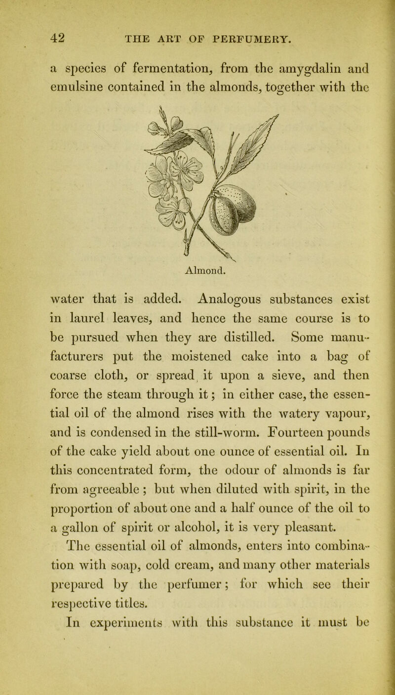 a species of fermentation, from the amygdalin and emulsine contained in the almonds, together with the water that is added. Analogous substances exist in laurel leaves, and hence the same course is to be pursued when they are distilled. Some manu- facturers put the moistened cake into a bag of coarse cloth, or spread it upon a sieve, and then force the steam through it; in either case, the essen- tial oil of the almond rises with the watery vapour, and is condensed in the still-worm. Fourteen pounds of the cake yield about one ounce of essential oil. In this concentrated form, the odour of almonds is far from agreeable; but when diluted with spirit, in the proportion of about one and a half ounce of the oil to a gallon of spirit or alcohol, it is very pleasant. The essential oil of almonds, enters into combina- tion with soap, cold cream, and many other materials prepared by the perfumer; for which see their respective titles. In experiments with this substance it must be Almoncl.