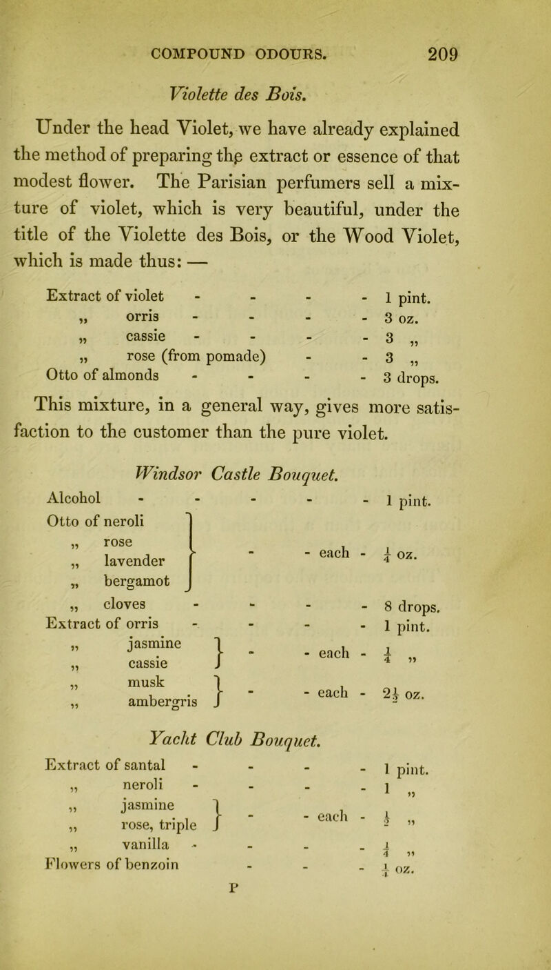 Violette des Bois. Under the head Violet, we have already explained the method of preparing thp extract or essence of that modest flower. The Parisian perfumers sell a mix- ture of violet, which is very beautiful, under the title of the Violette des Bois, or the Wood Violet, which is made thus: — Extract of violet „ orris „ cassie „ rose (from pomade) Otto of almonds 1 pint. 3 oz. 3 drops. This mixture, in a general way, gives more satis- faction to the customer than the pure violet. Windsor Castle Bouquet. Alcohol Otto of neroli “ to 1 pint. „ rose „ lavender „ bergamot * - - each - f oz. „ cloves Extract of orris to - 8 drops. 1 pint. „ jasmine „ cassie ' } - - each - i 4 33 „ musk ) „ ambergris J - - each - oz. Yacht Extract of santal „ neroli „ jasmine „ rose, triple „ vanilla Flowers of benzoin Club Bouquet. } - each P 1 pint. 1 >3 1 2 ’3 i 4 JL ■l 31 oz.