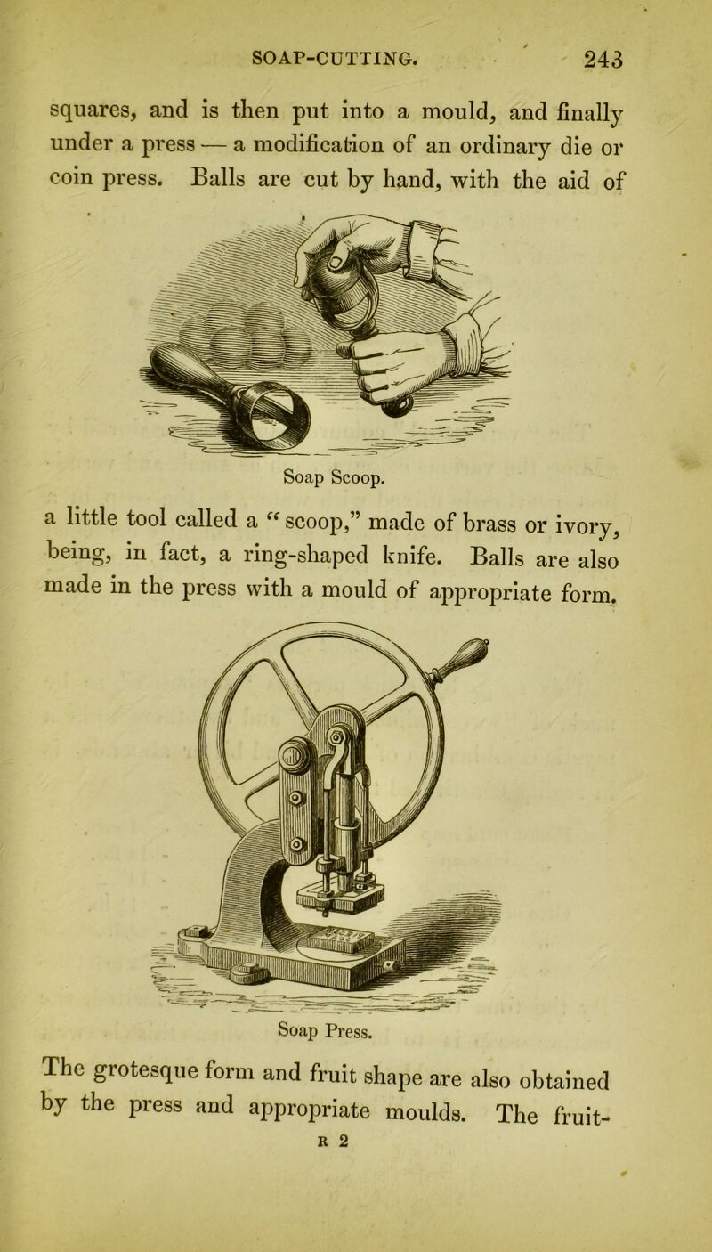 squares, and is then put into a mould, and finally under a press — a modification of an ordinary die or coin press. Balls are cut by hand, with the aid of Soap Scoop. a little tool called a ii scoop,” made of brass or ivory, being, in fact, a ring-shaped knife. Balls are also made in the press with a mould of appropriate form. Soap Press. The grotesque form and fruit shape are also obtained by the press and appropriate moulds. The fruit-