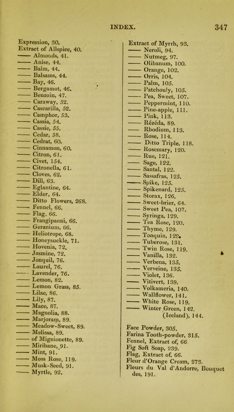 Expression, 30. Extract of Allspice, 40. ■ Almonds, 41. Anise, 44. Balm, 44. Balsams, 44. Bay, 46. Bergamot, 46. Benzoin, 47. Caraway, 52. Cascarilla, 52. Camphor, 53. Cassia, 54. Cassie, 55. Cedar, 58. Cedrat, 60. Cinnamon, 60. Citron, 61. Civet, 154. Citronella, 61. Cloves, 62. Dill, 63. Eglantine, 64. Elder, 64. Ditto Flowers, 268. - Fennel, 66. Flag, 66. Frangipanni, 66. Geranium, 66. Heliotrope, 68. Honeysuckle, 71. Hovenia, 72. Jasmine, 72. Jonquil, 76. Laurel, 76. Lavender, 76. Lemon, 82. Lemon Grass, 85. Lilac, 86. Lily, 87. Mace, 87. Magnolia, 88. Marjoram, 89. Meadow-Sweet, 89. Melissa, 89. of Mignionette, 89. Miribane, 91. Mint, 91.' Moss Hose, 119. Musk-Seed, 91. Myrtle, 92. Extract of Myrrh, 93. Neroli, 94. Nutmeg, 97. Olibanum, 100. Orange, 102. Orris, 104. Palm, 105. Patchouly, 105. Pea, Sweet, 107. Peppermint, 110. Pine-apple, 111. Pink, 113. Rezeda, 89. Rhodium, 113. Rose, 114. Ditto Triple, 118. Rosemary, 120. Rue, 121. Sage, 122. Santal, 122. ■ Sassafras, 125. Spike, 125. Spikenard, 125. Storax, 126. Sweet-brier, 64. Sweet Pea, 107. • Syringa, 129. Tea Rose, 120. Thyme, 129. Tonquin, 129. Tuberose, 131. Twin Rose, 119. Vanilla, 132. * Verbena, 135. Verveine, 135. Violet, 136. Vitivert, 139. Volkameria, 140. Wallflower, 141. White Rose, 119. Winter Green, 142„ (Iceland), 144. Face Powder, 305. Farina Tooth-powder, 315. Fennel, Extract of, 66 Fig Soft Soap, 239. Flag, Extract of, 66. Fleur d’Orange Cream, 273. Fleurs du Val d’Andorre, Bouquet des, 191.