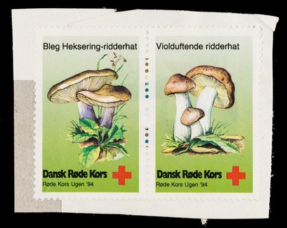 [2 stickers showing toadstools. Sold to raise funds for Danish Red Cross Week. ].