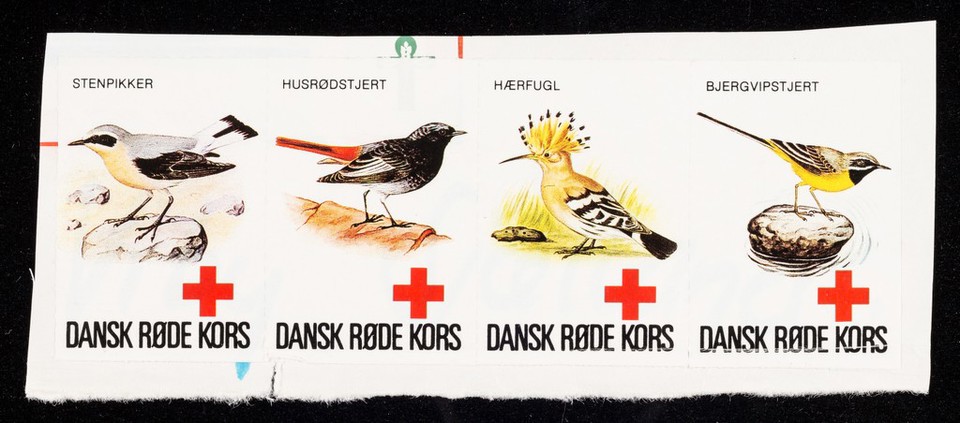 [4 stickers showing birds (stenpikker, hærfugl etc.). Sold to raise funds for Danish Red Cross Week. ].