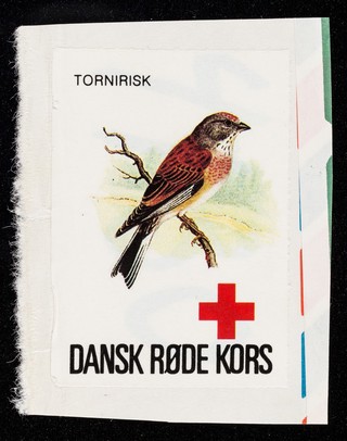[Sticker showing a bird (tornirisk). Sold to raise funds for Danish Red Cross Week. ].