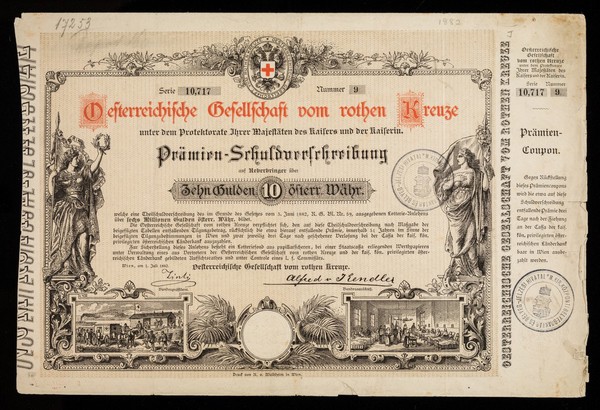 [1882 ten Gulden lottery ticket in aid of the Austrian Red Cross. Shoes horse-drawn ambulances and nurses in a ward of sick / wounded].