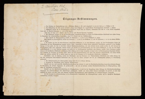 [1882 ten Gulden lottery ticket in aid of the Austrian Red Cross. Shoes horse-drawn ambulances and nurses in a ward of sick / wounded].