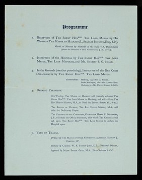 [Programme of opening ceremony of the Hackney & Stoke Newington Red Cross Hospital, Downs Park Road, Clapton, London 29 January 1916].