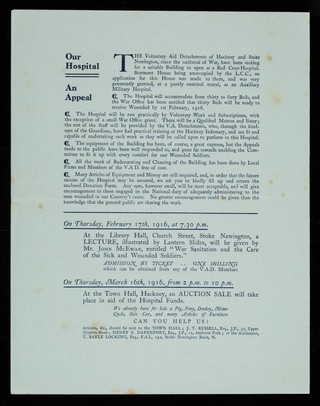 [Programme of opening ceremony of the Hackney & Stoke Newington Red Cross Hospital, Downs Park Road, Clapton, London 29 January 1916].