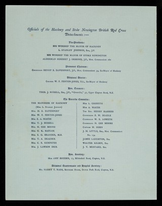 [Programme of opening ceremony of the Hackney & Stoke Newington Red Cross Hospital, Downs Park Road, Clapton, London 29 January 1916].