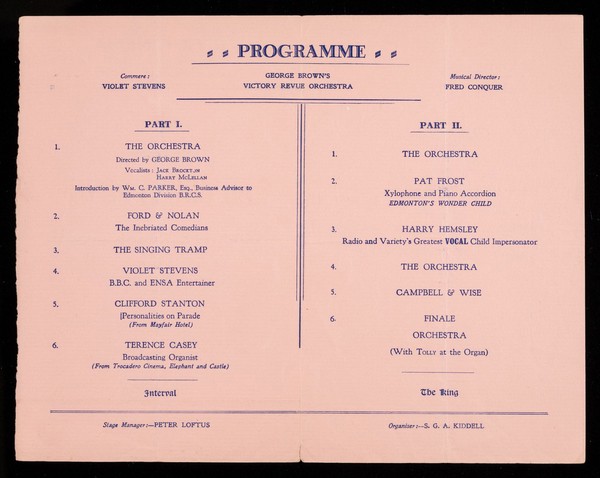 [8 February 1942 concert programme in aid of the British Red Cross Society. Held at the Ritz Cinema, Bowes Road, Edmonton, London].