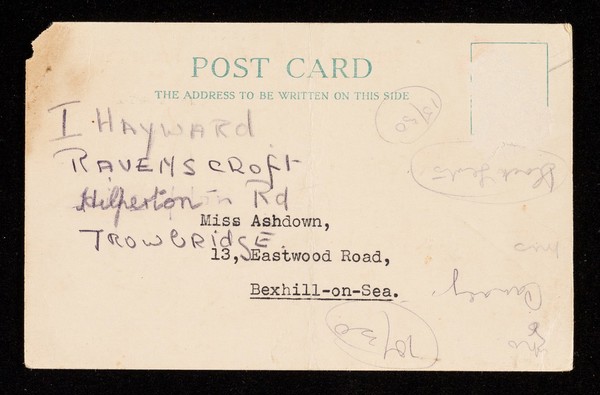 [Postcard from the British Red Cross Society, Bexhill Depot (September 1939), asking the recipient to report to the Metropolitan Convalescent Home, Bexhill].