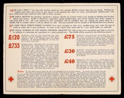 [Leaflet advertising a needlework competition in aid of the British Red Cross Society (organized by the Daily Sketch newspaper)].