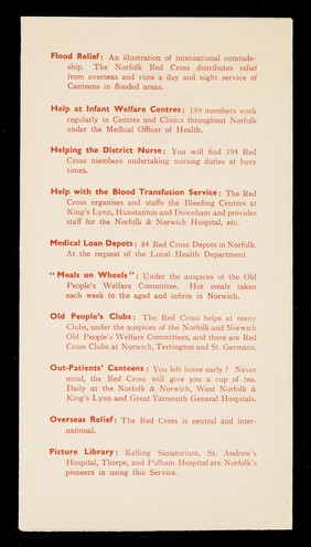 [Leaflet outlining what the British Red Cross Society does, giving their peacetime aims (after WW2)].