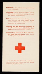 [Leaflet outlining what the British Red Cross Society does, giving their peacetime aims (after WW2)].