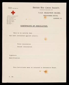 [Paper certificate of inoculation against "enteric" (i.e., typhoid fever) for the British Red Cross Society and the V.A.D. selection board].