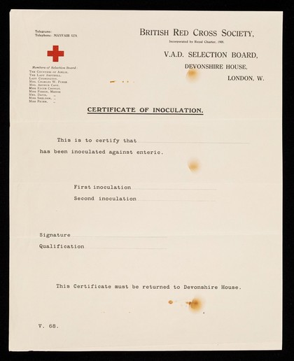 [Paper certificate of inoculation against "enteric" (i.e., typhoid fever) for the British Red Cross Society and the V.A.D. selection board].