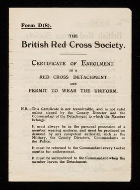 [Membership form (Form D (8) - certificate of enrolment) for the British Red Cross Society. Issued in February 1938].