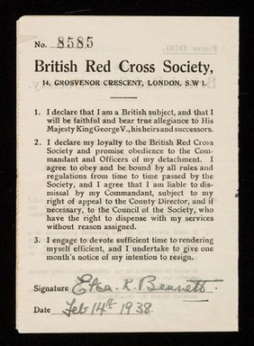 [Membership form (Form D (8) - certificate of enrolment) for the British Red Cross Society. Issued in February 1938].