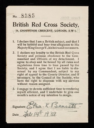 [Membership form (Form D (8) - certificate of enrolment) for the British Red Cross Society. Issued in February 1938].