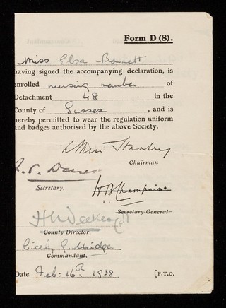 [Membership form (Form D (8) - certificate of enrolment) for the British Red Cross Society. Issued in February 1938].