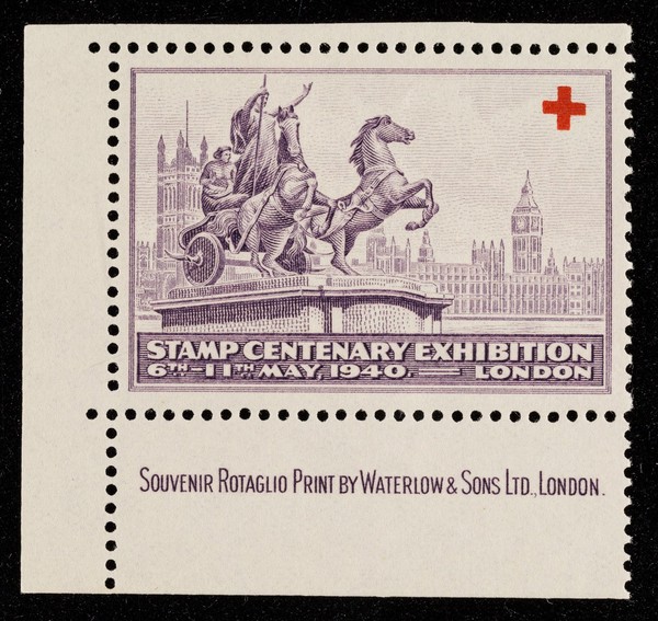 [Single, 'stamp' gummed sticker celebrating the stamp centenary exhibition and "sold in aid of the Lord Mayor's Red Cross and St. John Fund." Printed in purple].
