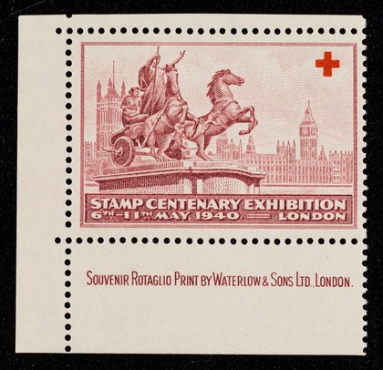 [Single, 'stamp' gummed sticker celebrating the stamp centenary exhibition and "sold in aid of the Lord Mayor's Red Cross and St. John Fund." Printed in magenta].