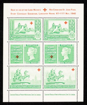 [Multiple sheet of 6 perforated gummed stickers celebrating the stamp centenary exhibition and "sold in aid of the Lord Mayor's Red Cross and St. John Fund." Printed in green].