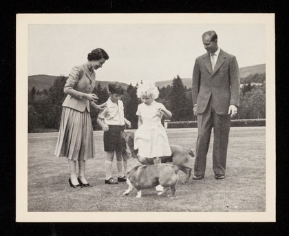 [British Red Cross Society Christmas card featuring a photograph of Queen Elizabeth, Prince Philip and Prince Charles and Princess Anne as toddlers].