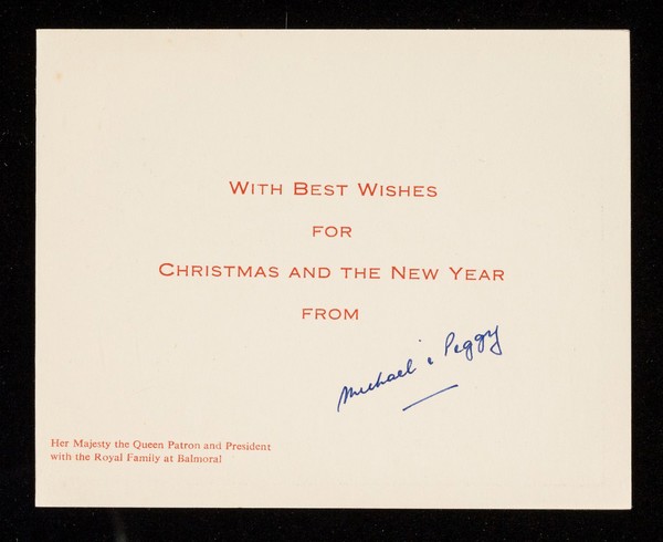 [British Red Cross Society Christmas card featuring a photograph of Queen Elizabeth, Prince Philip and Prince Charles and Princess Anne as toddlers].