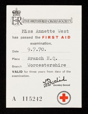 [Card certifying proficiency at first aid].