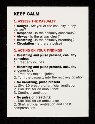 [Small British Red Cross Society first aid card, giving brief instructions on what to do].