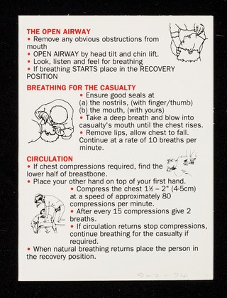 [Small British Red Cross Society first aid card, giving brief instructions on what to do].