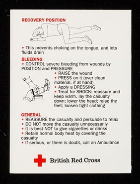 [Small British Red Cross Society first aid card, giving brief instructions on what to do].