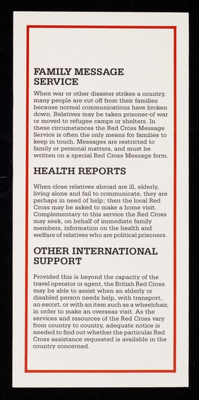 [British Red Cross Society leaflet about their international tracing and message service].