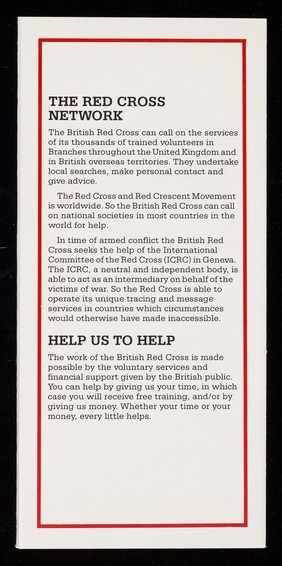 [British Red Cross Society leaflet about their international tracing and message service].