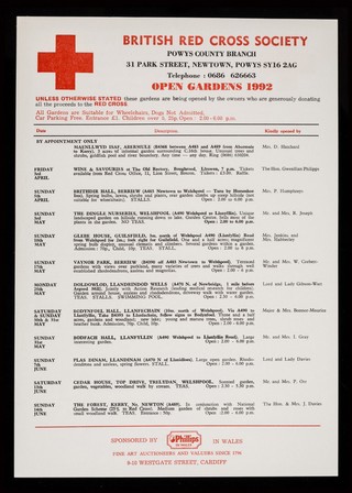 [Leaflet about gardens open to the public to raise funds for the Powys Branch of the British Red Cross Society in 1992].