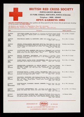 [Leaflet about gardens open to the public to raise funds for the Powys Branch of the British Red Cross Society in 1992].