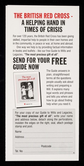 [British Red Cross Society leaflet about making a will and asking for donations via legacies].